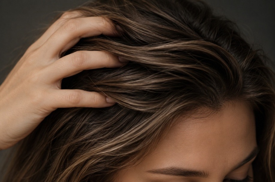 Woman running her hands through her thick hair