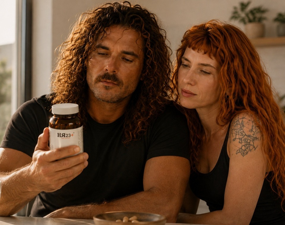 Man and woman checking the HR23+ hair growth supplement label