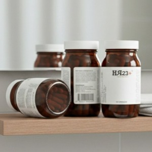 Three bottles of HR23+ supplement bottles on bathroom shelf