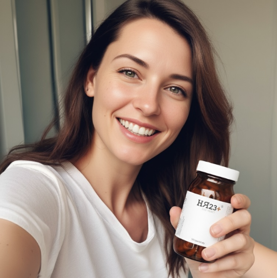 woman holding a bottle of HR23+ hair growth capsules 
