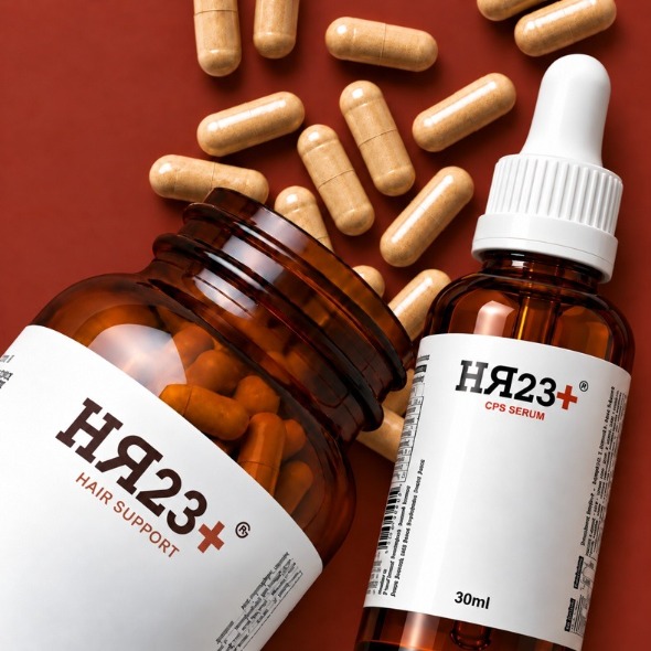 HR23+ hair loss supplement capsules and copper peptides serum